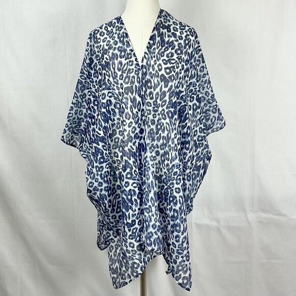 Johnny Was Calme Kimono Blue Cheetah Print Cover Up Silk Blend Sz S/M NWT - Picture 2 of 11